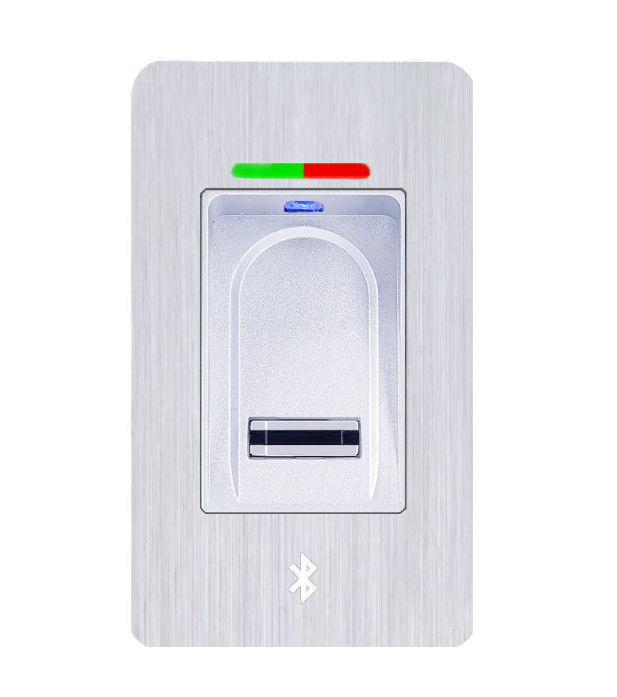 BioKey INSIDE Fingerabdruckleser in gebürstetem Edelstahl mit Bluetooth-Symbol, Einbau in der Tür