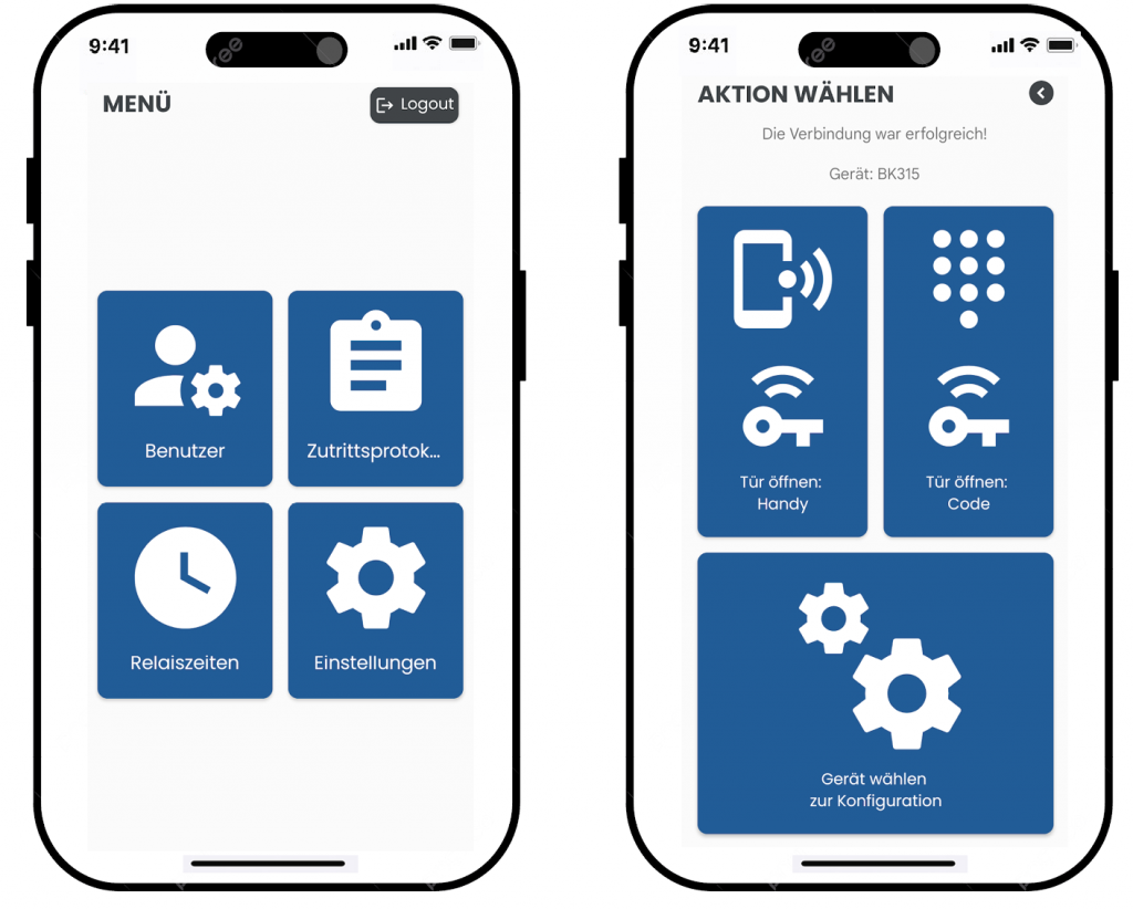 Zwei Smartphone-Ansichten der BioKey Kombi App: das Menü mit Benutzer, Zutrittsprotokoll, Relaiszeiten und Einstellungen sowie die Aktionsauswahl mit Tür öffnen per Handy oder Code