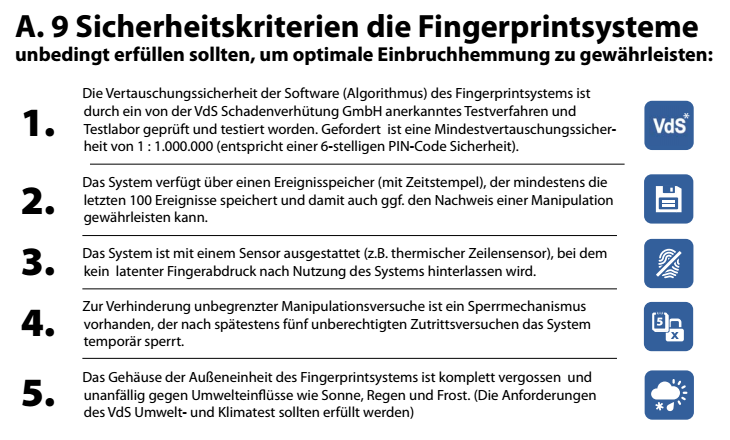 Fünf Sicherheitskriterien für Fingerprintsysteme: Verwechslungssicherheit von mindestens 1 zu 1.000.000, ein Ereignisspeicher mit mindestens 100 Ereignissen und Zeitstempel, ein Sensor gegen zurückbleibende Fingerabdrücke, ein Sperrmechanismus nach spätestens fünf Fehlversuchen sowie ein vergossenes, witterungsbeständiges Gehäuse.
