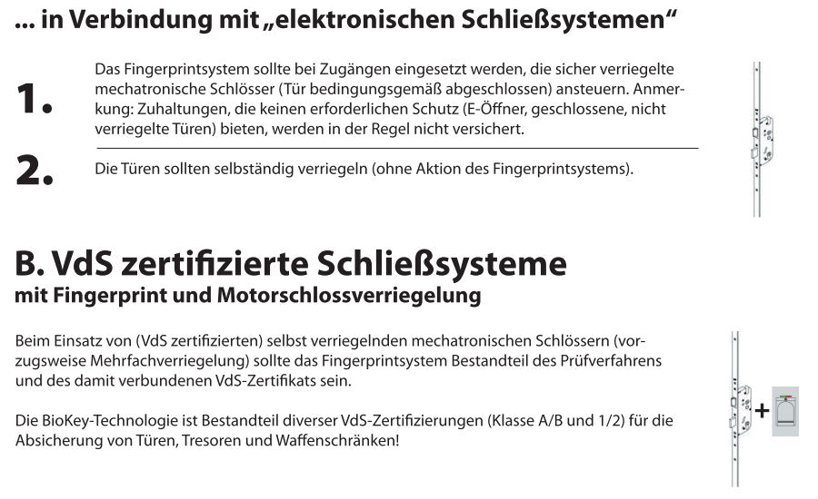 Anforderungen an elektronische Schließsysteme in Verbindung mit Fingerprintsystemen — selbstverriegelnde Türen und sicher verriegelte mechatronische Schlösser — sowie an VdS-zertifizierte Schließsysteme mit Fingerprint und Motorschlossverriegelung.